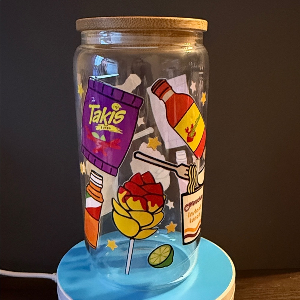 Colorful spicy snack graphics Glass Cup with Bamboo Lid